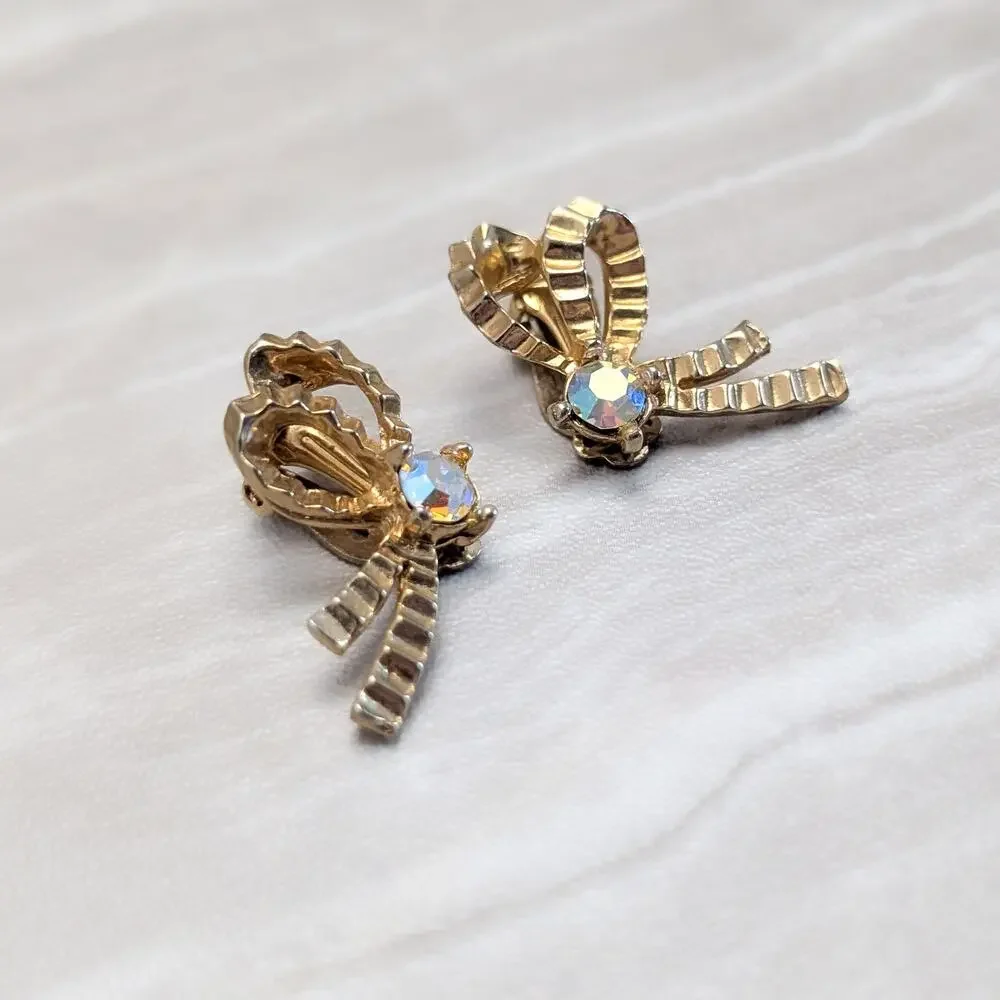 Vintage Clip On Earrings Gold Tone Bow with Aurora Borealis Gem